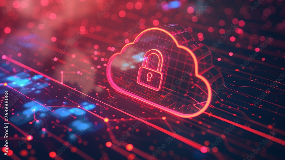 Poster abstract illustration of cloud security services, stylized cloud icon integrated with a secure padlo
