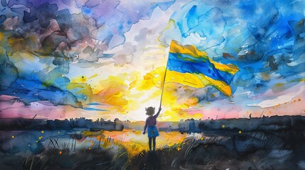 A vibrant watercolor illustration of a child waving a flag at sunset, evoking a sense of hope and freedom in a picturesque setting.