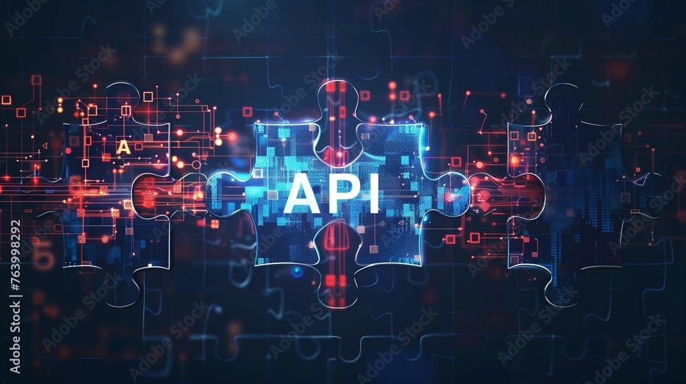 Poster an abstract technology-themed image showcasing a puzzle piece symbolizing api integration within a d