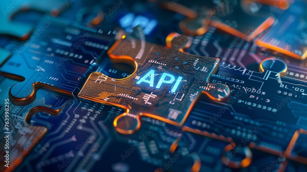 Poster digital representation of api integration concept with interlocking puzzle pieces against a futurist