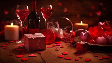 Fototapeta na wymiar A cozy Valentine's Day arrangement with red wine, candles, and heart-shaped decorations creating an intimate celebration ambiance.