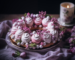 Easter Pavlova cake wreath of french meringue. Dessert, sweets.