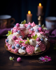 Obraz na płótnie Canvas Easter Pavlova cake wreath of french meringue. Dessert, sweets.