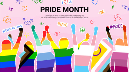 Vector collage for Pride Month. Vector illustration with paper silhouettes of people colored pride month flags. Collage with cut out paper silhouettes and doodles for decoration of LGBT events.