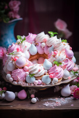 Obraz na płótnie Canvas Easter Pavlova cake wreath of french meringue. Dessert, sweets.