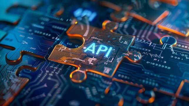 Digital representation of API integration concept with interlocking puzzle pieces against a futuristic tech-inspired abstract background, symbolizing connectivity and interoperability.