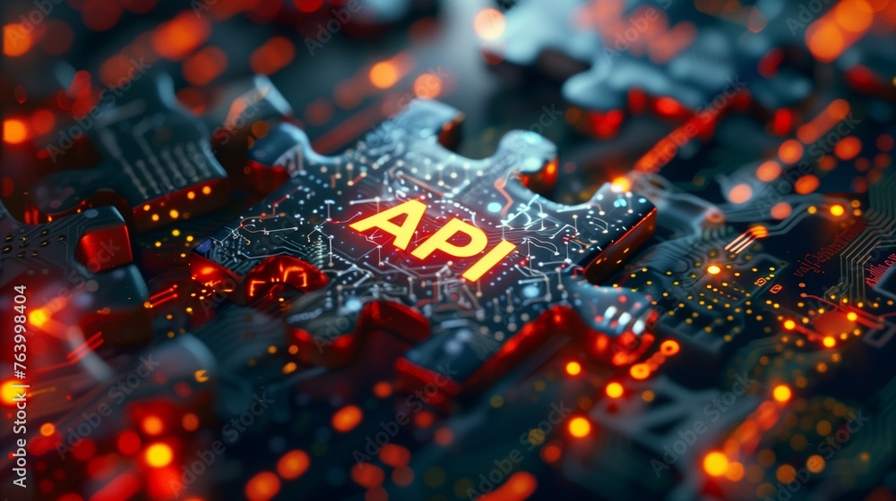Poster an abstract technology-themed image showcasing a puzzle piece symbolizing api integration within a d