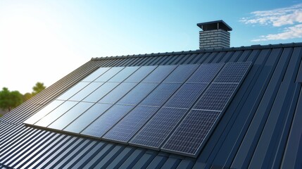 Fototapeta premium Solar panel integration on modern house roof for sustainable energy generation and home powering