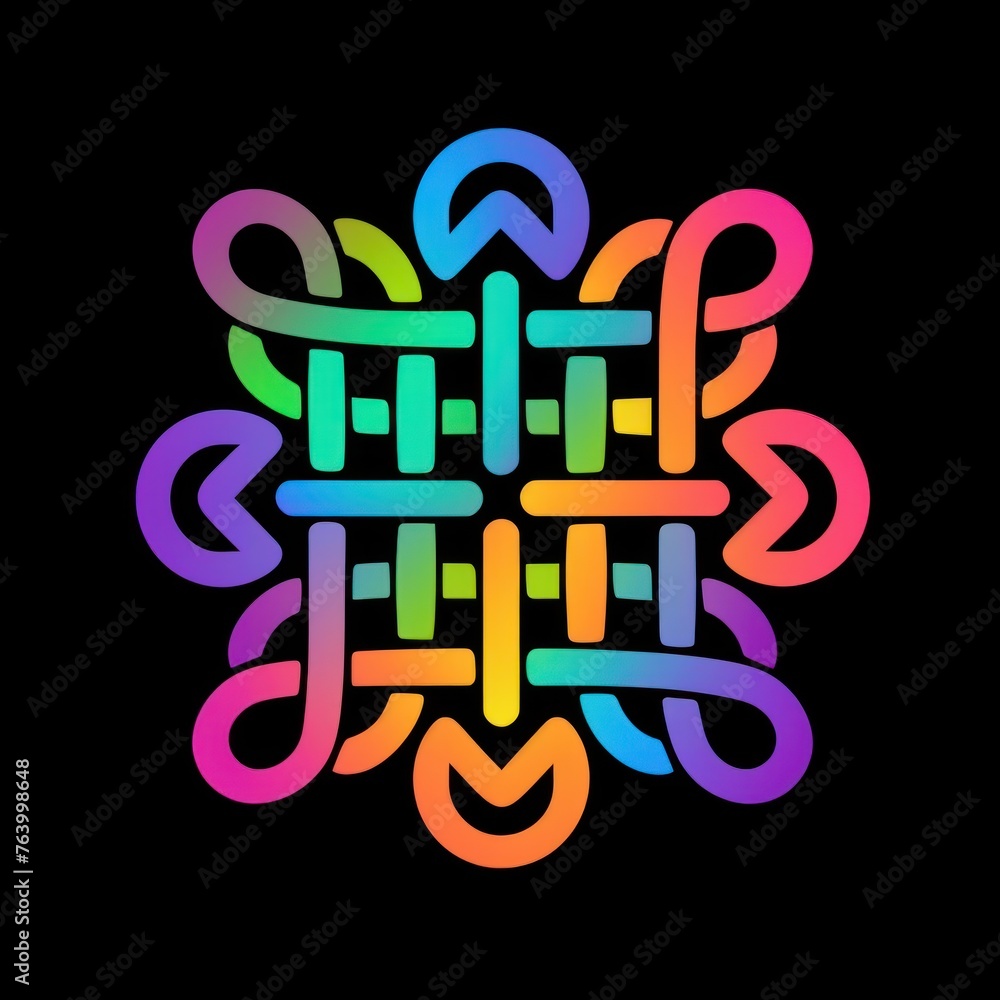 Poster vibrant, multi-colored knot graphic on a dark backdrop, symbolizing connection and complexity.