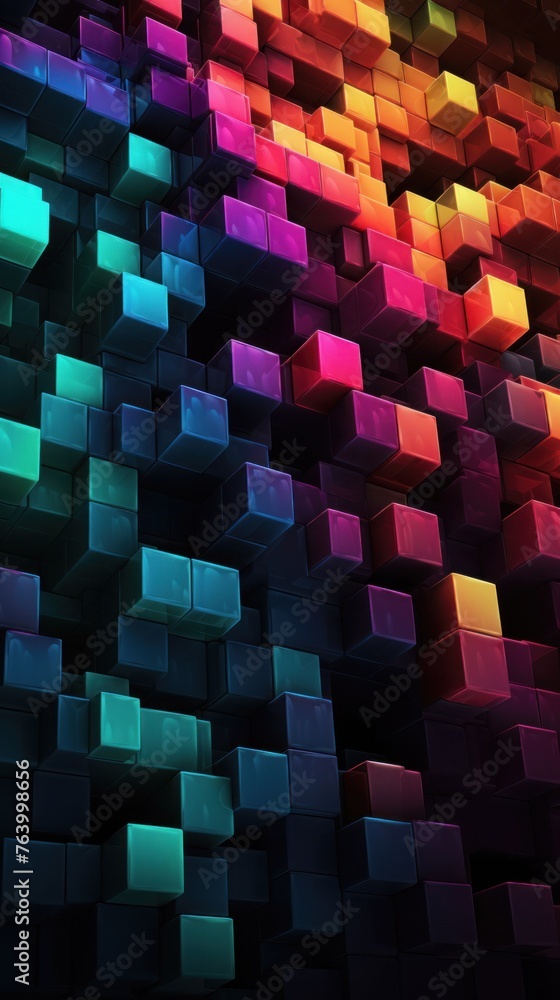 Poster a dynamic background with a collection of neon geometric shapes, presenting a futuristic and digital
