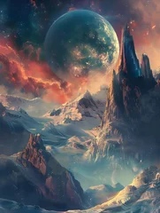 Foto op Plexiglas Castle and planet in a fantasy landscape - An imaginative landscape featuring a majestic castle under a giant planet, amidst snowy mountains invoking mystique and adventure © Mickey