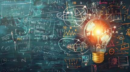 Light bulb with math and science concepts - A bright light bulb radiates amongst mathematical and scientific symbols representing intelligence and complex problem solving - obrazy, fototapety, plakaty