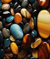 Close-up of smooth, colorful pebbles with vibrant hues and a glossy finish, symbolizing tranquility and balance.