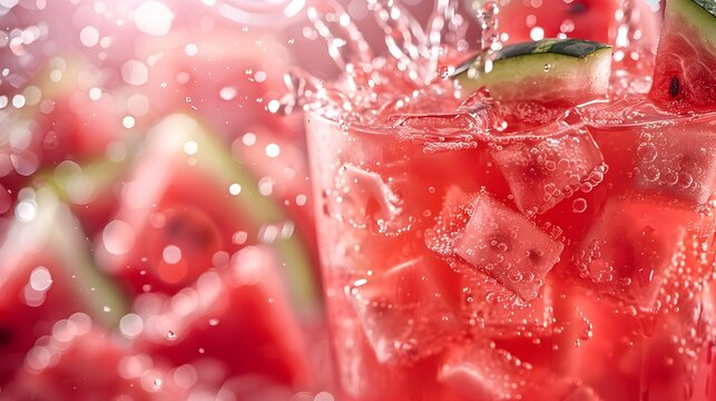 Close-up of watermelon drink with splashes - A vibrant image capturing a refreshing watermelon drink with mint and ice splash, showcasing sparkling droplets and dynamic movement