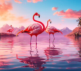 Beautiful Flamingos in Water Illustration Wallpaper