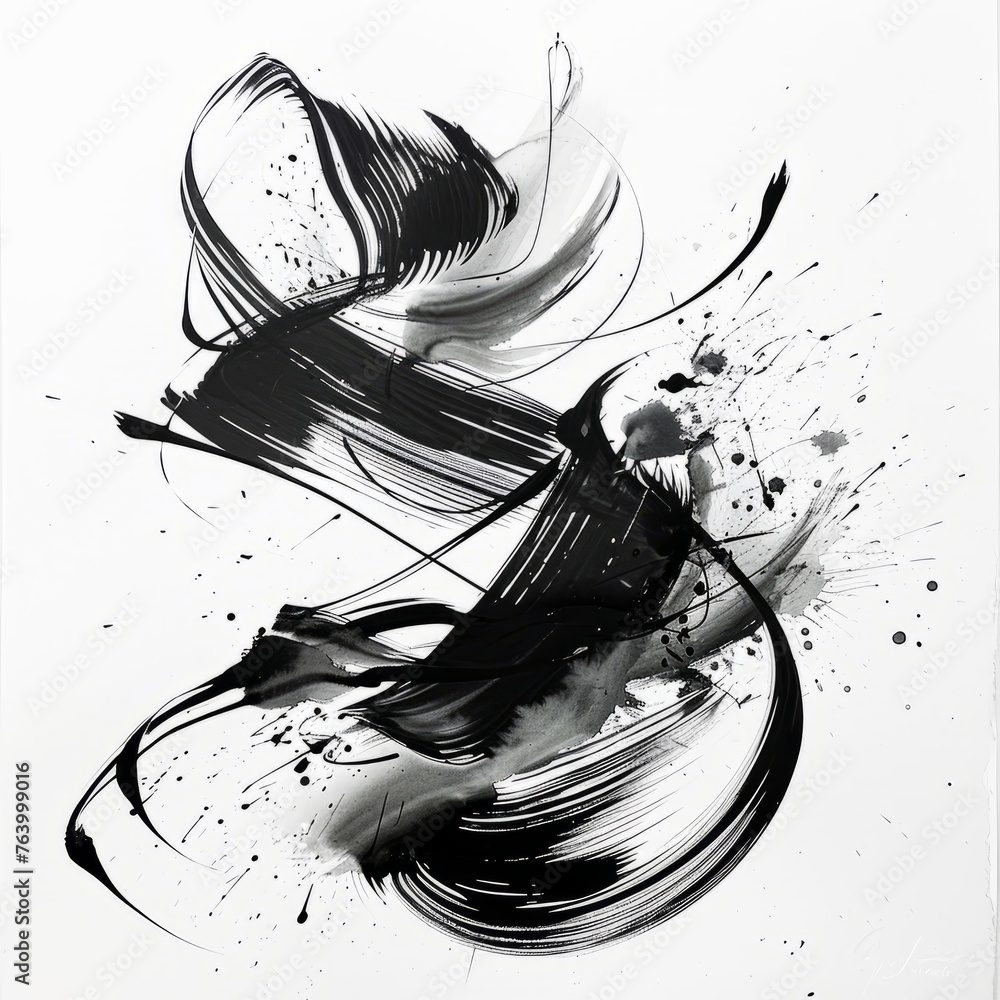 Poster a dynamic abstract composition featuring a bold ink swirl on a white background, suitable for contem
