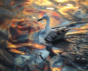 Seabirds in oil slick, struggling for survival, dawn light, tragic, sticky sheen - obrazy, fototapety, plakaty