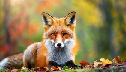 Portrait of beautiful red fox. Wild forest animal. Nature autumn scenery.
