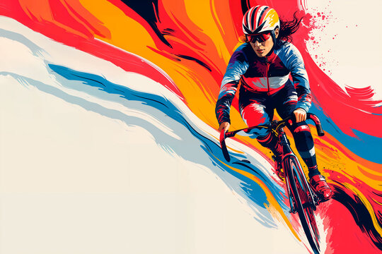 Dynamic female cyclist racing in vivid illustration, olympic sport theme, athlete in motion