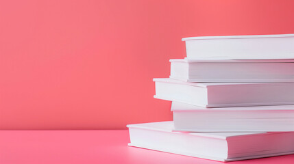 Stack of books against minimalistic solid white background. Love for  literature and reading concept. Banner for World Book Day event with copy space.  