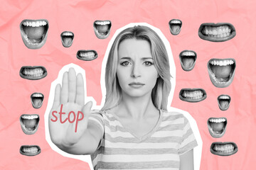 Artwork collage image of black white effect girl arm decline stop mad talking screaming mouth...