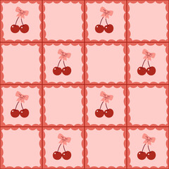 Seamless checkered pattern with cherries with bows. Vector graphics.