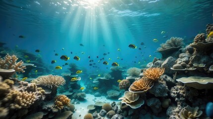 Fototapeta na wymiar Sunbeam Illuminated Coral Reef: A Tranquil Underwater Haven Teeming with Sea Life