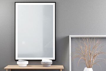 Framed poster on the wall mockup with a shelf and minimalistic decor