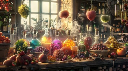 Depict a whimsical apothecary where magical fruit potions are brewed, with bottles of colorful...