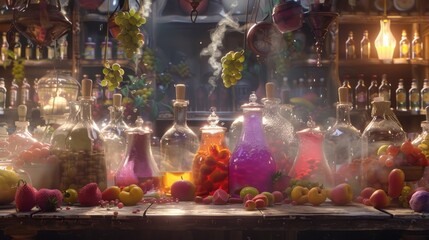 Depict a whimsical apothecary where magical fruit potions are brewed, with bottles of colorful liquids, fruits floating in mid-air, and mystical smoke 