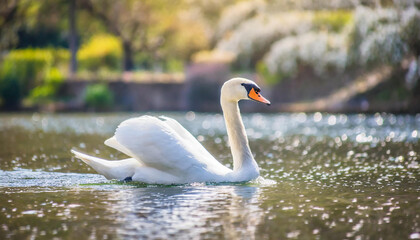 Fototapeta premium White swan swimming in river or pond. Beautiful bird. Natural background.