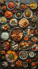 a panoramic view showcasing iconic dishes from various cuisines around the world Include landmarks symbolizing each countrys culinary heritage Stir viewers wanderlust for culinary adventures!