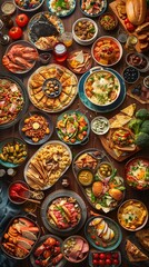 a panoramic view showcasing iconic dishes from various cuisines around the world Include landmarks symbolizing each countrys culinary heritage Stir viewers wanderlust for culinary adventures!