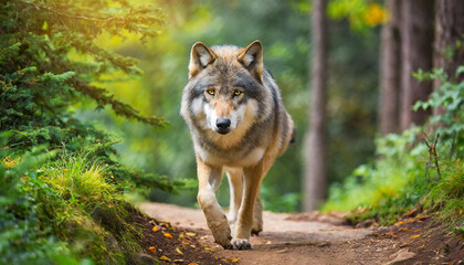 Portrait of gray wolf in green woods. Wild forest animal. Natural spring scenery.