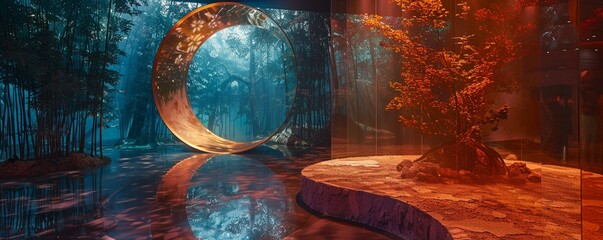 Capture the essence of storytelling through interactive mirrors that depict a journey of transformation and growth Infuse elements of fantasy, mystique, and wonder to engage viewers in a narrative tha