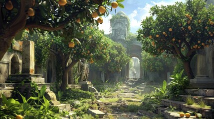 Depict an ancient, overgrown fruit grove winding through the ruins of a once-great civilization,...