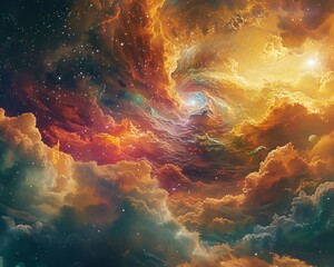 Craft a striking and surreal depiction of a dream realm transitioning into a parallel universe through a seamless blend of ethereal colors and cosmic elements Ensure the composition evokes a sense of  - obrazy, fototapety, plakaty
