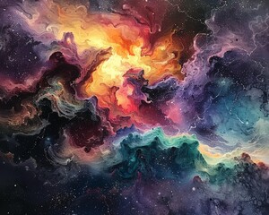 Craft a striking and surreal depiction of a dream realm transitioning into a parallel universe through a seamless blend of ethereal colors and cosmic elements Ensure the composition evokes a sense of  - obrazy, fototapety, plakaty