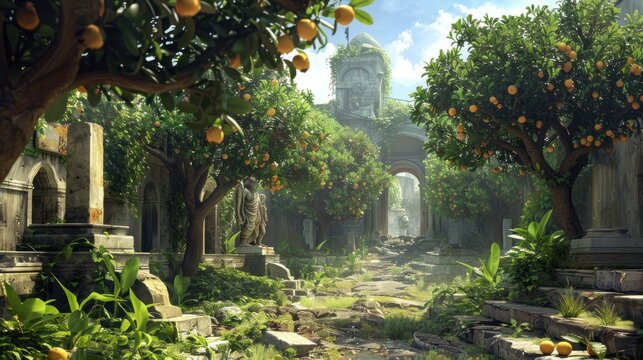 Depict an ancient, overgrown fruit grove winding through the ruins of a once-great civilization, with hints of temples and statues among the foliage