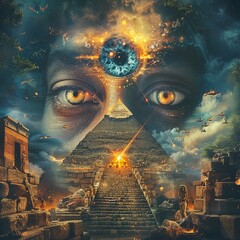 Design a captivating image showcasing modern myths and legends originating from global culture and technology Incorporate iconic symbols from different cultures and futuristic elements to evoke a sens - obrazy, fototapety, plakaty