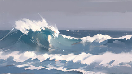 Beautiful ocean waves, Semi-abstract loosely painting, Stylized digital art painting. - obrazy, fototapety, plakaty