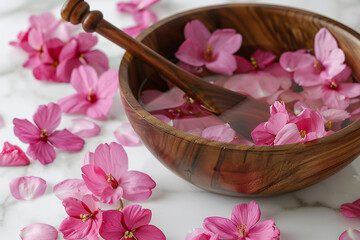 Obraz na płótnie Canvas Wooden bowl with pink flowers and petals on a marble background. Spa and wellness concept with copy space. Flat lay composition for beauty treatment, relaxation, or natural cosmetics design
