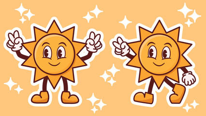 Funny cartoon characters in groovy style sun character stickers vector illustration