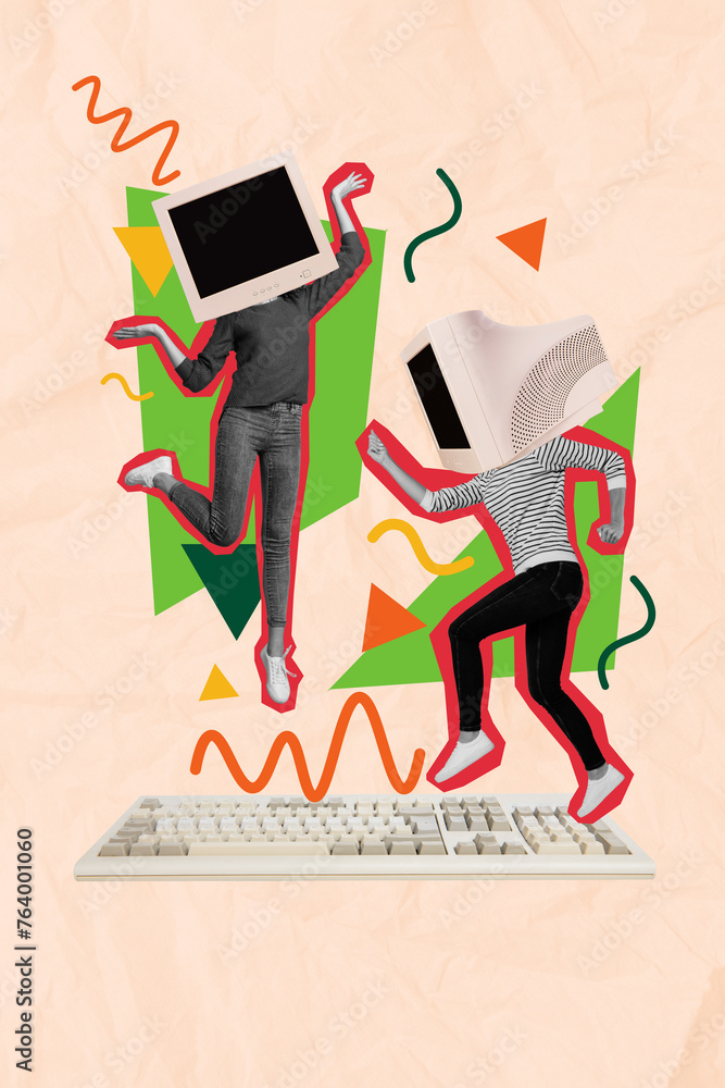 Sticker vertical collage of two mini black white colors people pc monitor instead head jump run big keyboard