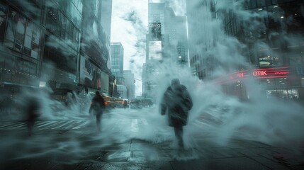 Illustrate the impact of individuals controlling weather patterns with a dramatic tilted perspective, emphasizing authority and control