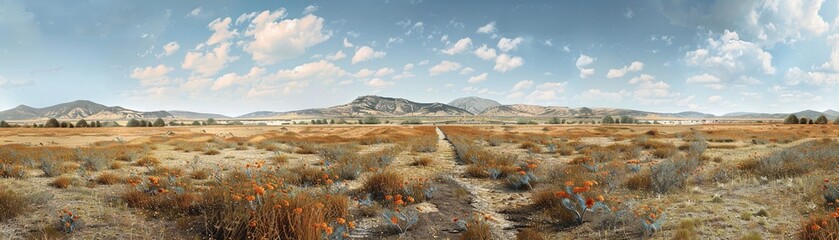 Illustrate the juxtaposition between a scarred landscape from gold mining and a rejuvenated area thriving with sustainable vegetation, symbolizing the shift towards environmentally friendly practices 