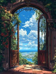Imagine doors as gateways to alternate realities Design a series of door illustrations reflecting unique worlds beyond Capture the essence of each world in intricate details and colors