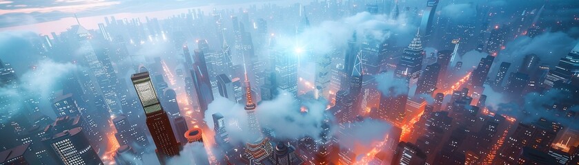 Imagine a world where our reality is a simulation on a quantum computer Design a futuristic cityscape from a worms-eye view Include holographic buildings, digital landscapes, and advanced technology t - obrazy, fototapety, plakaty