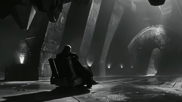 A lone king ruling alone in his dark fantasy chamber sitting on a marble throne