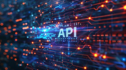 API concept featuring the letters API displayed, surrounded by luminous lines and set against a futuristic, abstract technology-inspired backdrop, symbolizing connectivity and software integration.